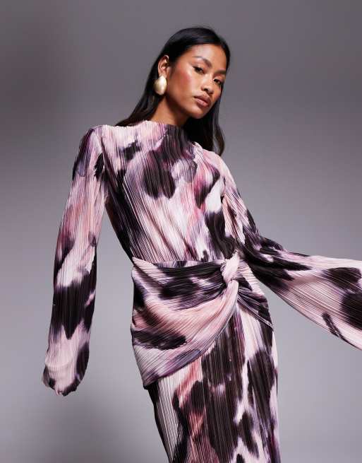 ASOS DESIGN - Robe longue plissée avec manches longues et détail drapé - Imprimé flou pastel, 2 de 4