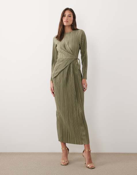 ASOS DESIGN - Robe longue plissée coupe portefeuille nouée à la taille à manches longues - Kaki - view 1