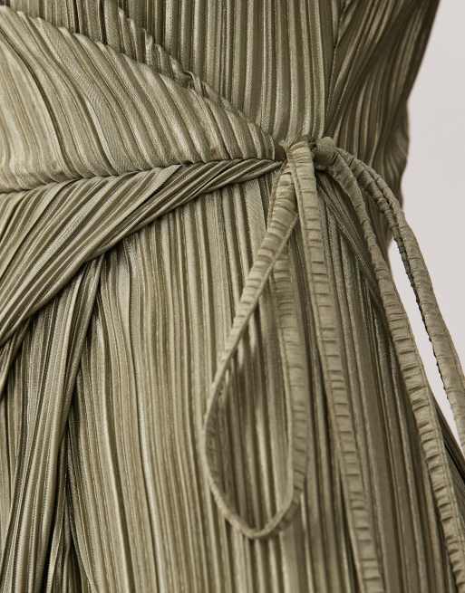 ASOS DESIGN - Robe longue plissée coupe portefeuille nouée à la taille à manches longues - Kaki, 3 de 4