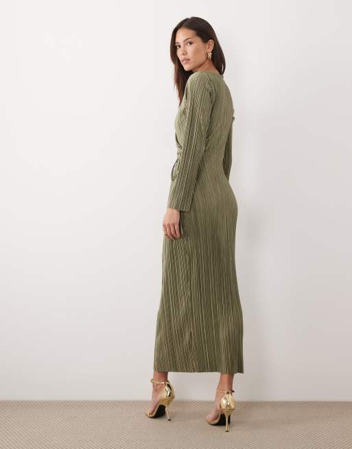 ASOS DESIGN - Robe longue plissée coupe portefeuille nouée à la taille à manches longues - Kaki, 4 de 4