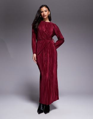 Robe longue plissée coupe portefeuille nouée à la taille à manches longues - Lie-de-vin-Rouge 42