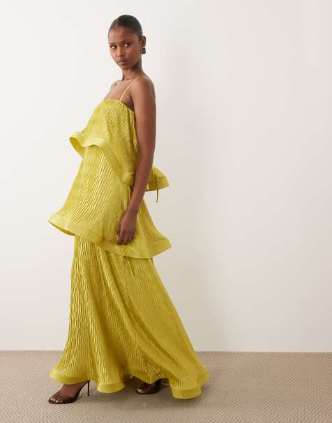 ASOS DESIGN - Robe longue plissée coupe trapèze en zigzag à volants étagés - Citron vert - view 1