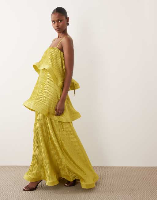 ASOS DESIGN - Robe longue plissée coupe trapèze en zigzag à volants étagés - Citron vert
