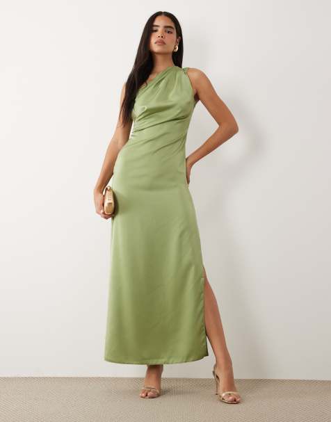 ASOS DESIGN - Robe longue plissée en satin à encolure asymétrique - Vert sauge - view 1