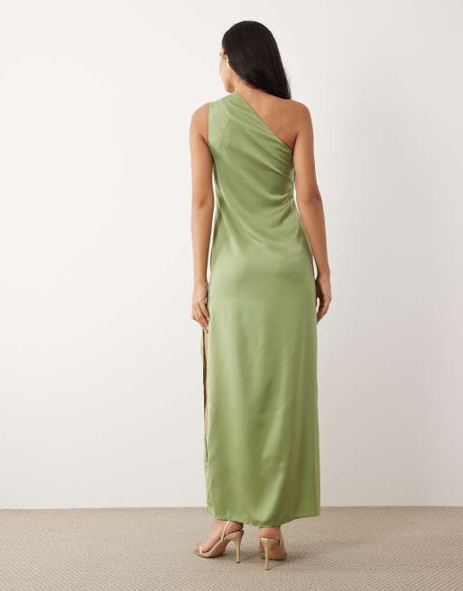 ASOS DESIGN - Robe longue plissée en satin à encolure asymétrique - Vert sauge, 4 de 4