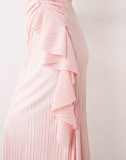ASOS DESIGN - Robe longue plissée et froncée sur le côté à volants - Rose pastel, 4 de 4