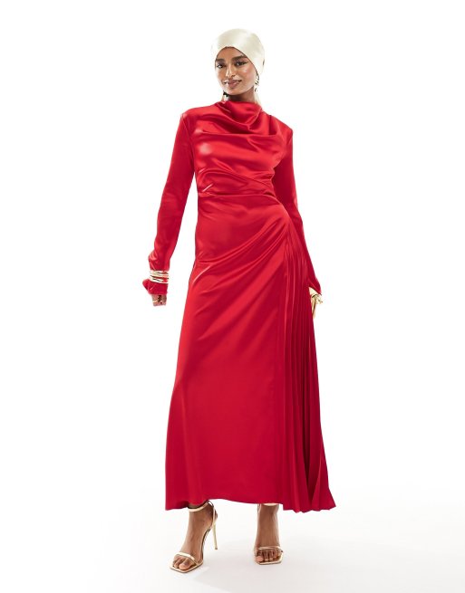 ASOS DESIGN Robe longue plissee satinee Rouge