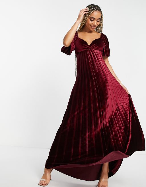 ASOS DESIGN Robe longue pliss e taille empire avec dos torsad en velours Rouge