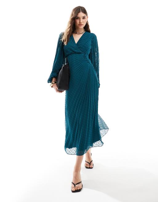 ASOS DESIGN - Robe longue portefeuille en mousseline plissée en mousseline plumetis avec boutonnage - Vert sarcelle