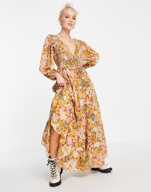 ASOS DESIGN Robe longue portefeuille fronc e et volant e Imprim floral moutarde