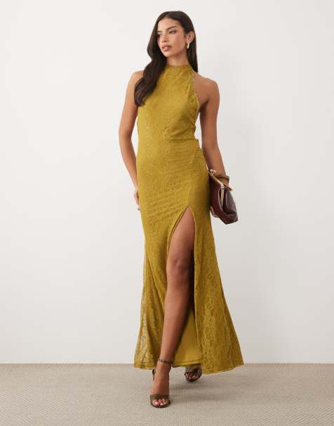 ASOS DESIGN robe longue premium en dentelle à dos nu avec fente, olive - view 1