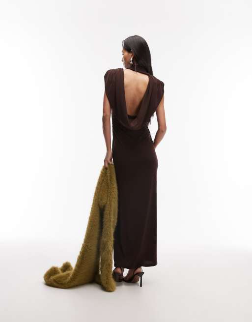 ASOS DESIGN - Robe longue près du corps à col foulard et épaules structurées avec dos bénitier - Chocolat, 4 de 4