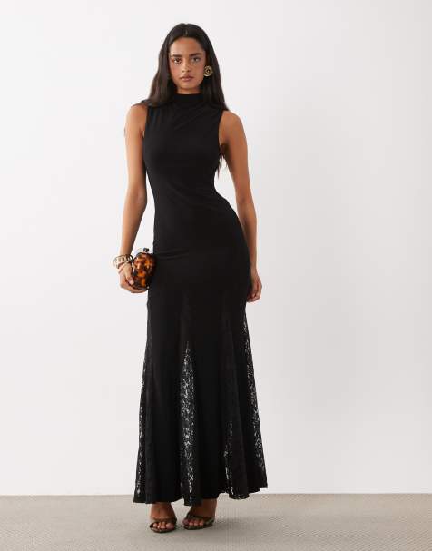 ASOS DESIGN robe longue près du corps à col montant avec godets en dentelle et dos nu noire - view 1