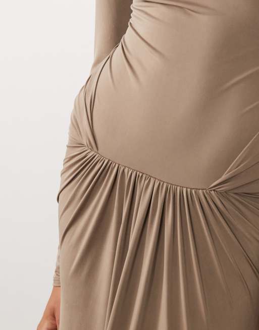 ASOS DESIGN - Robe longue près du corps à col montant et détail à la taille - Moka, 3 de 4
