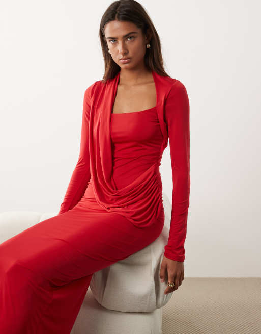 ASOS DESIGN - Robe longue près du corps à encolure carrée avec détail drapé asymétrique - Rouge, 2 de 4