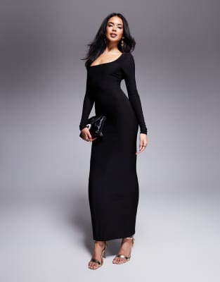 ASOS DESIGN - Robe longue près du corps à encolure carrée et manches longues - Noir