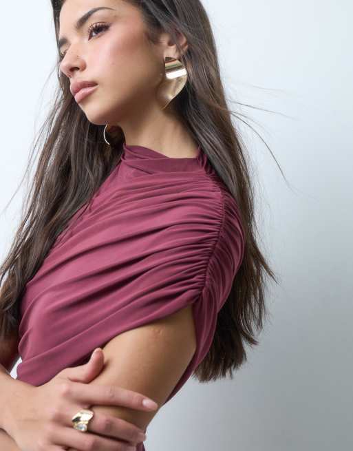 ASOS DESIGN robe longue près du corps à mancherons froncée en bordeaux, 5 de 5
