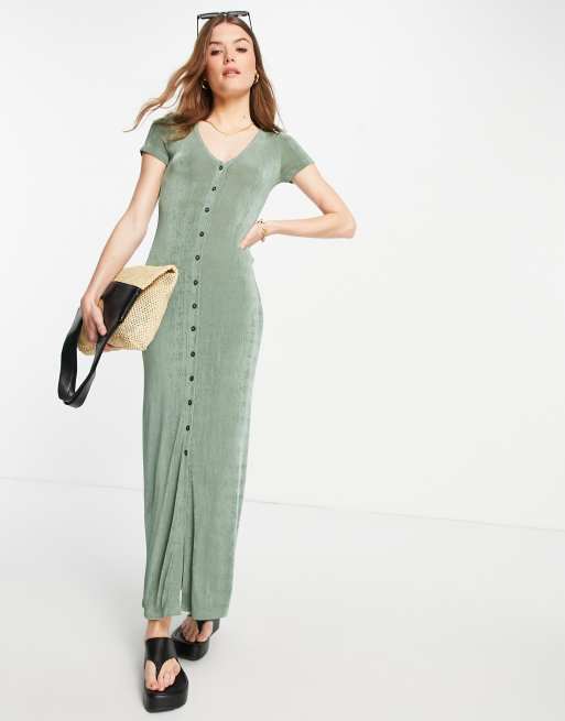ASOS DESIGN - Robe longue près du corps à manches courtes - Kaki