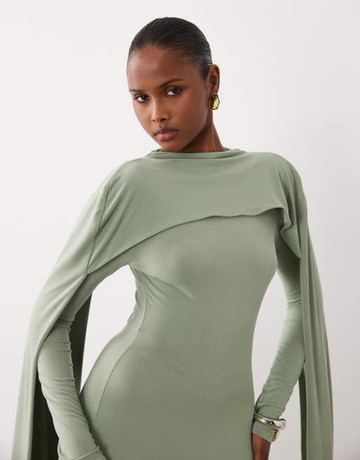 ASOS DESIGN - Robe longue près du corps à manches longues avec détail cape oversize - Vert sauge, 2 de 4