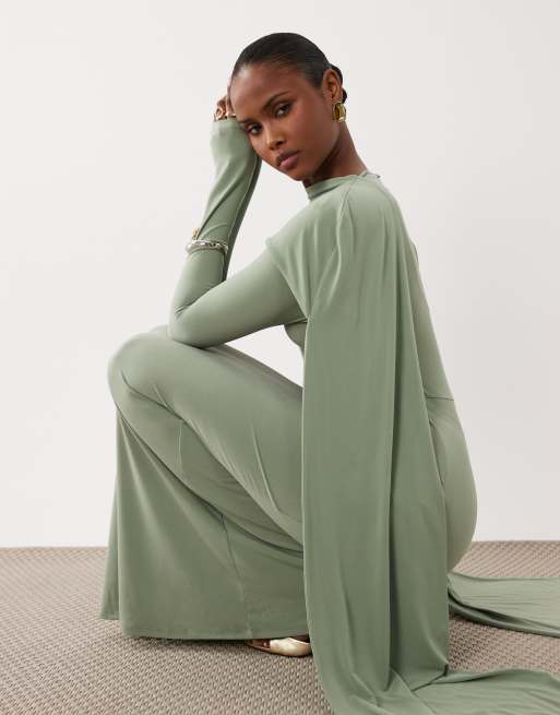 ASOS DESIGN - Robe longue près du corps à manches longues avec détail cape oversize - Vert sauge, 3 de 4