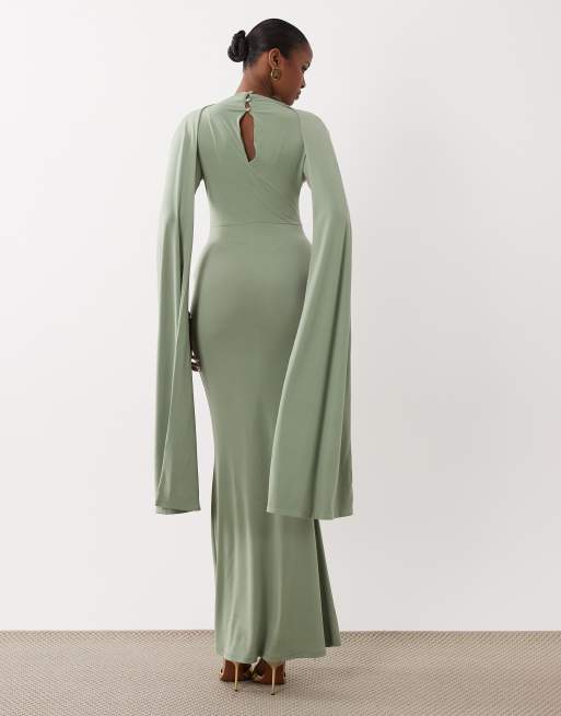 ASOS DESIGN - Robe longue près du corps à manches longues avec détail cape oversize - Vert sauge, 4 de 4