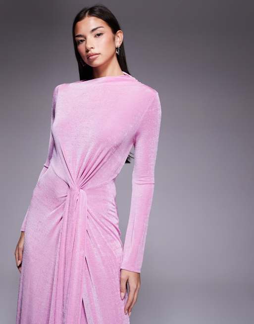ASOS DESIGN - Robe longue près du corps à manches longues et détail noué - Rose, 3 de 4