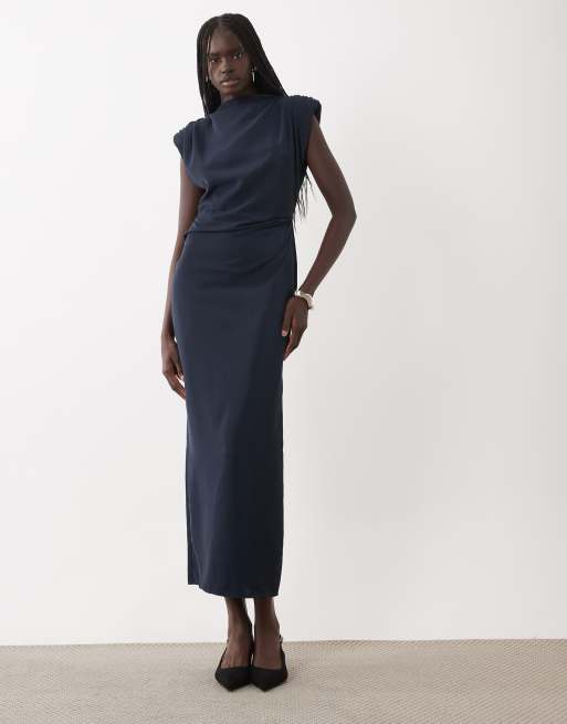 ASOS DESIGN robe longue près du corps avec détail froncé à la taille, bleu marine, 3 de 4