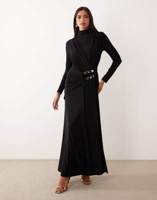 Robe longue près du corps effet drapé avec détail métallique - Noir 42