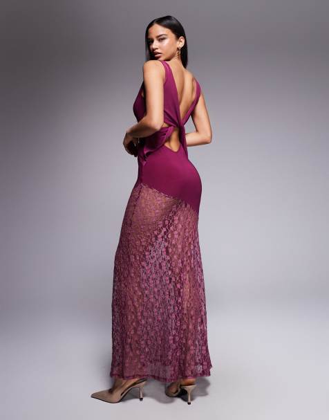 ASOS DESIGN - Robe longue près du corps en dentelle mélangée à décolleté plongeant - Prune - view 1