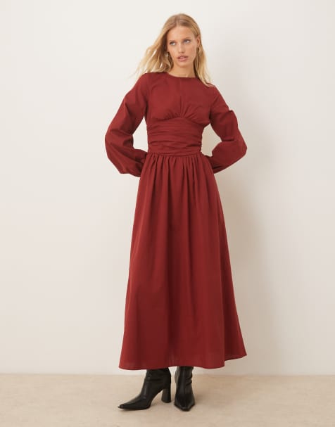 ASOS DESIGN - Robe longue ras de cou en popeline à taille froncée et manches bouffantes - Bordeaux - view 1