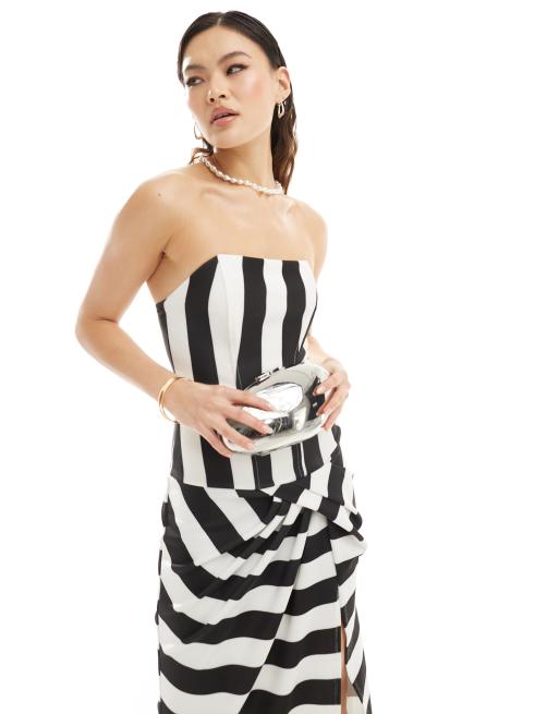 ASOS DESIGN - Robe longue rayée à corset de première qualité avec jupe drapée évasée - Noir et blanc