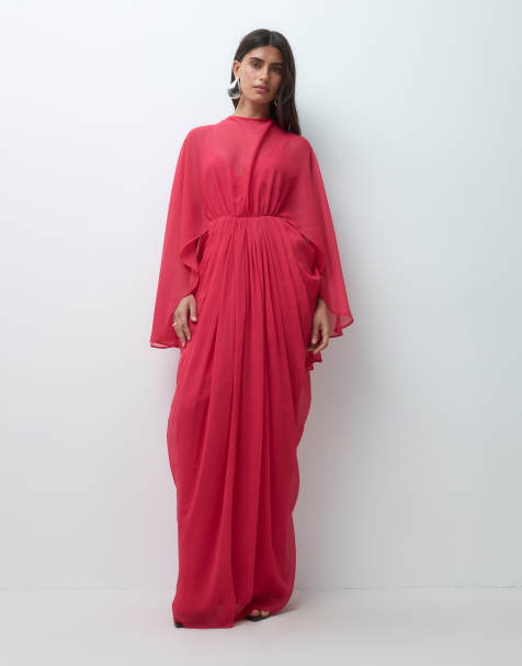 ASOS DESIGN robe longue rose avec corsage drapé style cape, jupe et dos nu avec détails de pampilles - view 1