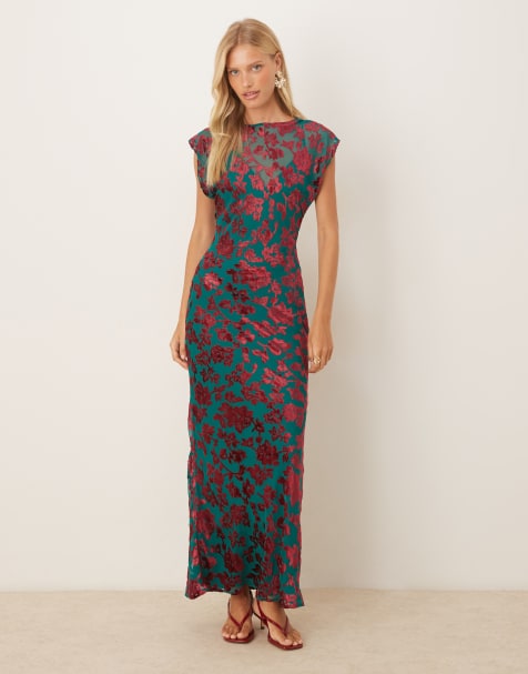 ASOS DESIGN - Robe longue sans manches à col ras de cou en velours effet dévoré à fleurs - Bleu et rouge - view 1