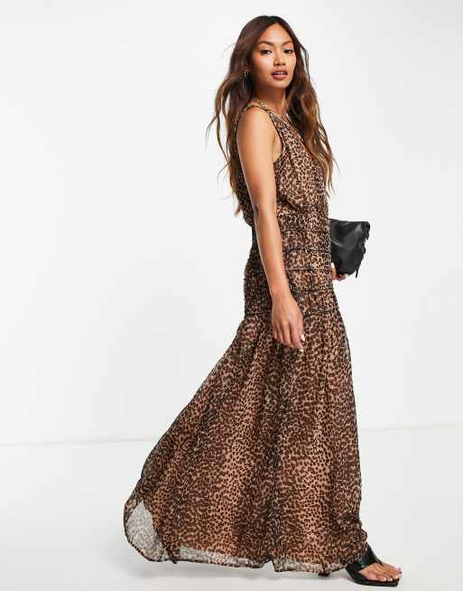 ASOS DESIGN - Robe longue sans manches à détail froncé et imprimé animal