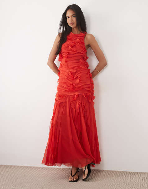 ASOS DESIGN - Robe longue sans manches à volants - Rouge - view 1