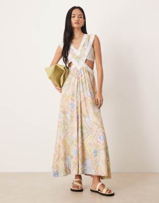 Robe longue sans manches en dentelle appliquée à carreaux et découpe - Motif abstrait pastel-Multicolore 42
