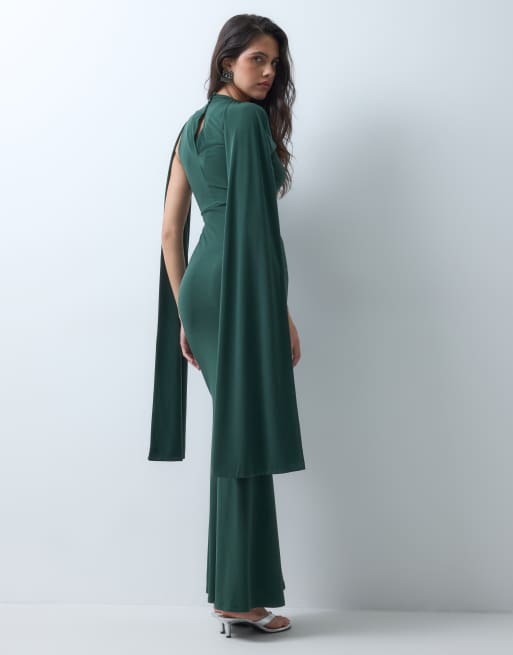 ASOS DESIGN robe longue sans manches près du corps avec détail cape aux épaules en vert bouteille, 2 de 5