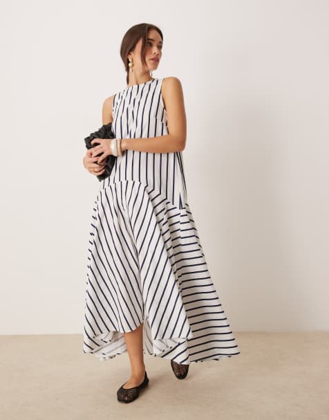 ASOS DESIGN - Robe longue sans manches taille basse à rayures - Blanc et bleu - view 1