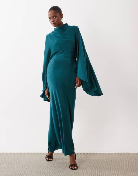 ASOS DESIGN - Robe longue satinée à col cheminée et manches oversize - Vert sarcelle - view 1