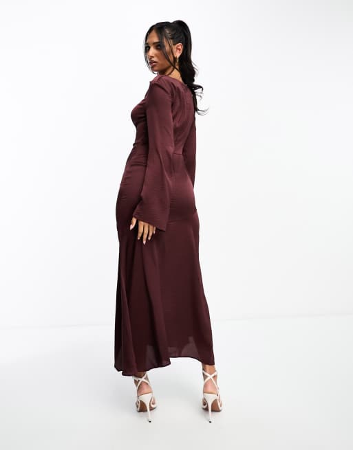 ASOS DESIGN - Robe longue satinée à col montant et ourlet asymétrique - Bordeaux, 3 de 4