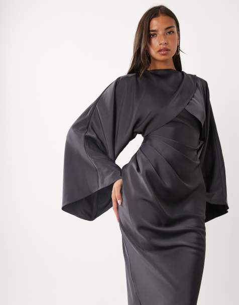 ASOS DESIGN robe longue satinée à manches longues drapée, croisée sur le devant, col montant, bleu marine - view 1