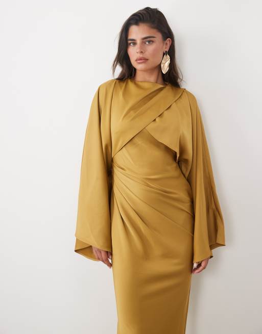 ASOS DESIGN robe longue satinée à manches longues drapée, croisée sur le devant, col montant, couleur tabac séché, 2 de 4