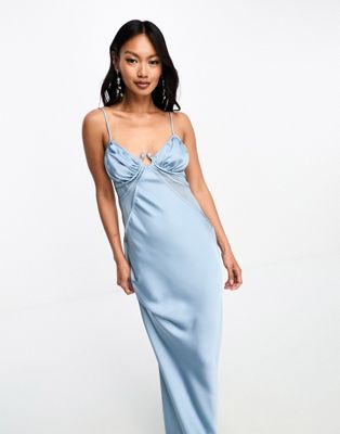 ASOS DESIGN satin cupped panelled bias maxi dress with buckle detail in slate blue - ASOS Price Checker