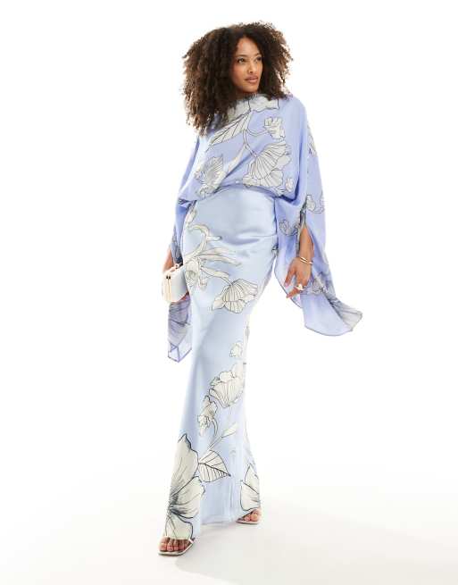 ASOS DESIGN - Robe longue satinée coupée en biais à imprimé fleuri avec empiècement superposé en mousseline - Bleu