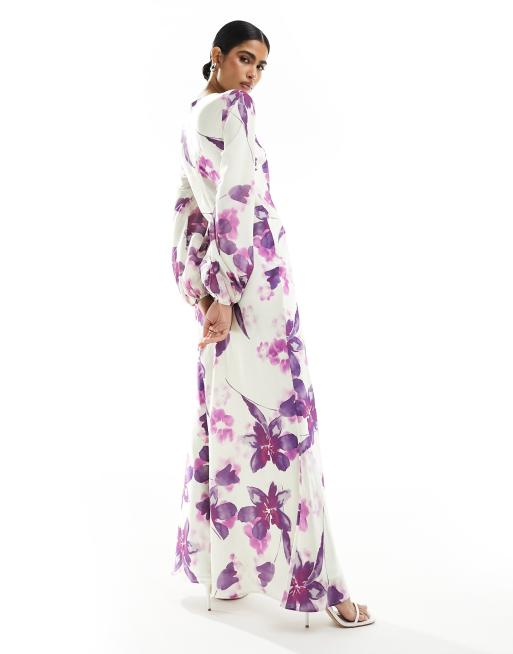 ASOS DESIGN - Robe longue satinée coupée en biais à manches contrastantes et imprimé fleurs - Blanc, 3 de 4