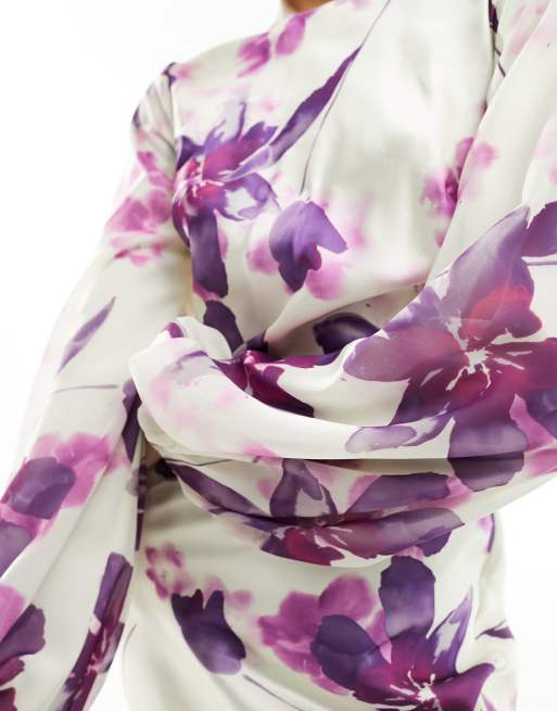 ASOS DESIGN - Robe longue satinée coupée en biais à manches contrastantes et imprimé fleurs - Blanc, 4 de 4