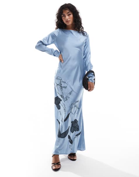 ASOS DESIGN - Robe longue satinée coupée en biais avec broderies - Bleu ardoise - view 1