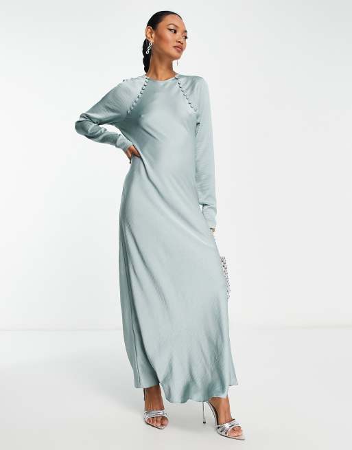 ASOS DESIGN Robe longue satinee coupee en biais avec detail boutonne Bleu argente