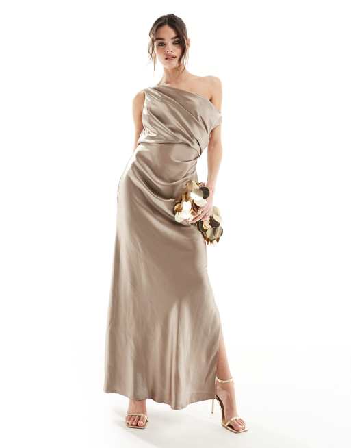 ASOS DESIGN Robe longue satin e effet drap paule d nud e Taupe