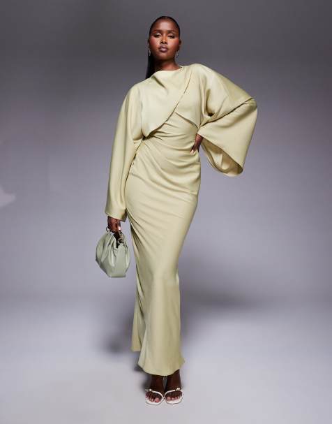 ASOS DESIGN - Robe longue satinée en biais avec détail cache-cœur sur l'avant et manches chauve-souris - Vert olive - view 1